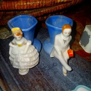 Matching Blue 2 Vase Set, Victorian Lady, Man, Japan